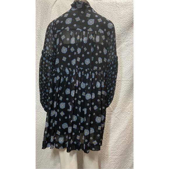 Free People Turn Turn Black Blue Medallion Boho Mini Dress Ruffle Mock Neck XS - Picture 10 of 13